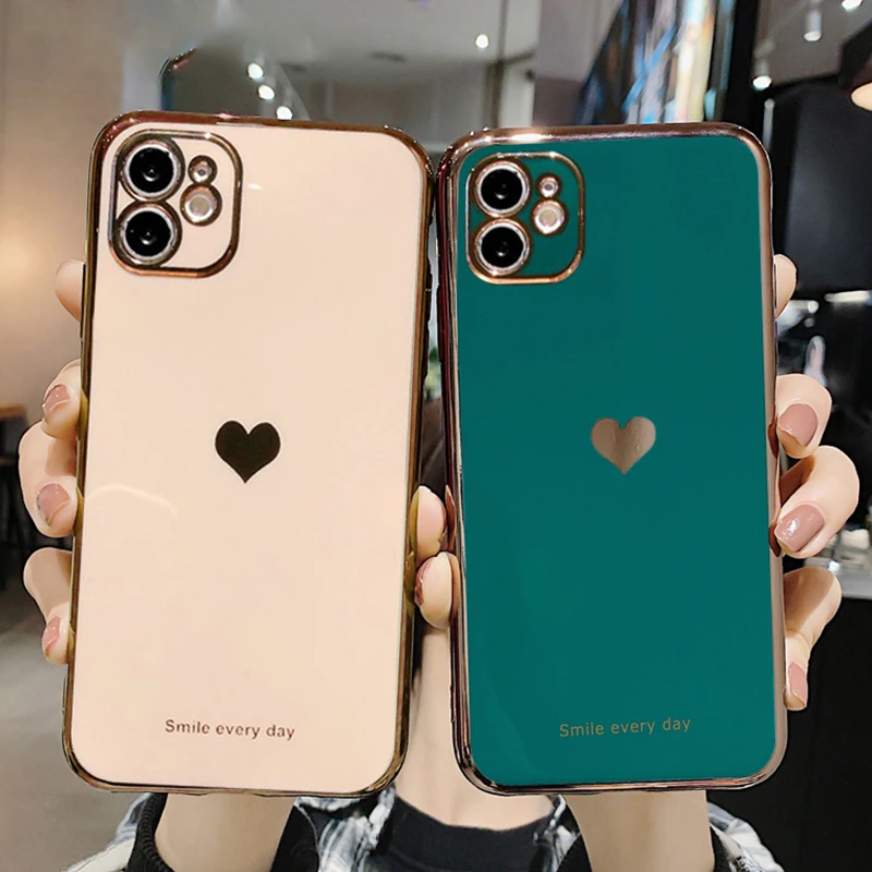 Cute Love Heart Plating Phone Case For iPhone 13 12 11Pro Max XR X XS Max 7 8 Plus SE 2020 13 12 Mini Solid Color Soft TPU Cover clear iphone 11 Pro Max case