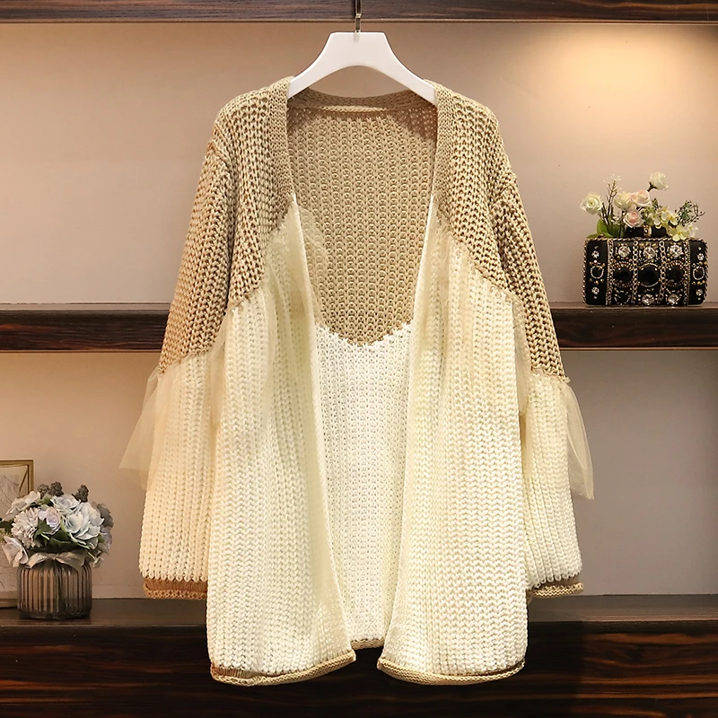 L-XXXL размера плюс, кимоно, кардиган, Для женщин зима ; модная одежда с длинными рукавами в стиле пэчворк с сеткой с оборками Свободные Теплый свитер со Размеры d - Цвет: Хаки