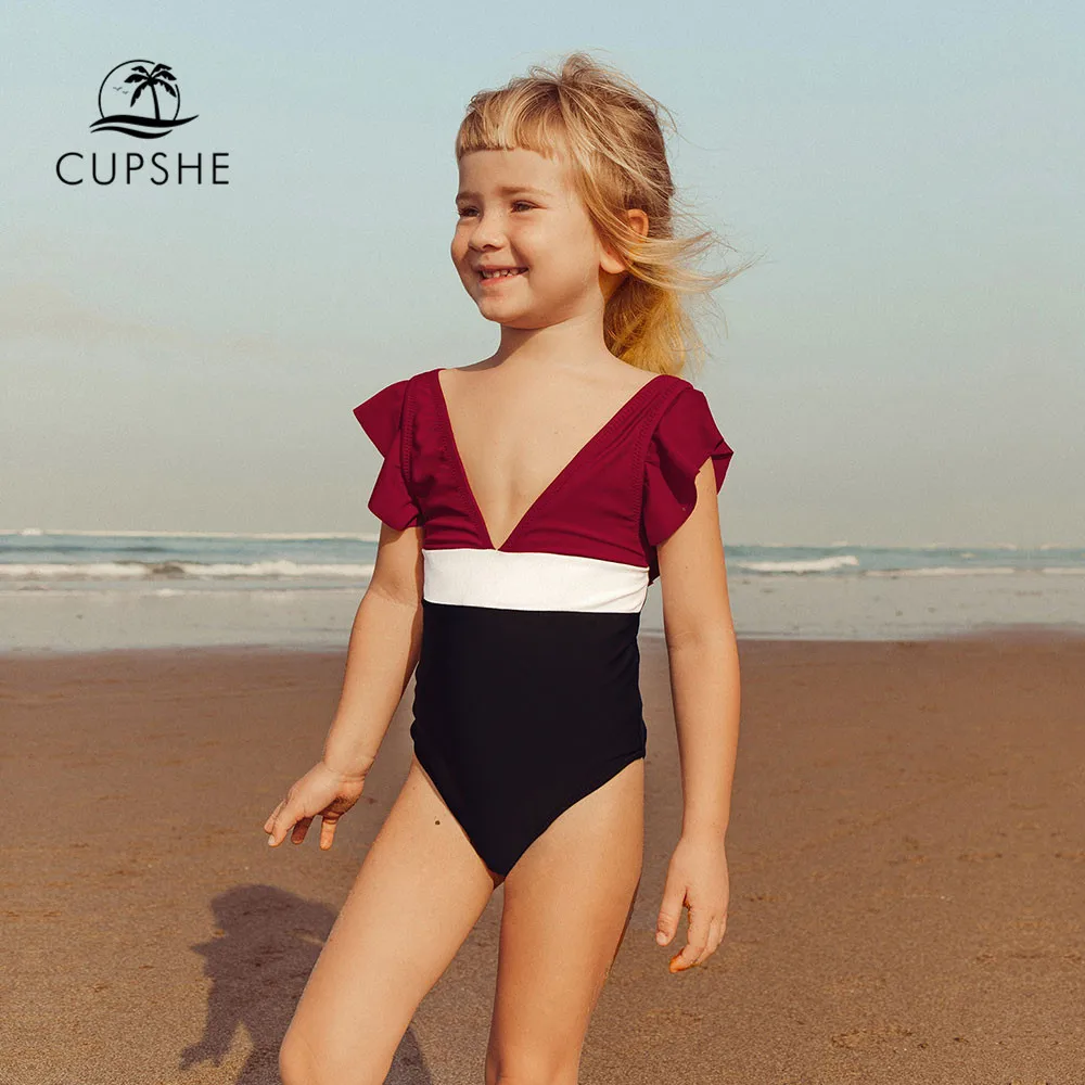 Colorblock com Babado Decote em v Roupa de Banho de Uma Peça para Meninas e Meninas Cupshe Maiô Infantil Anos 2020 12