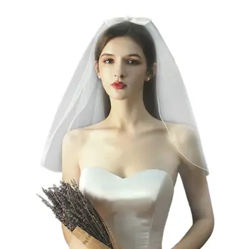 

Korean Women 1 Tier Short Tulle Wedding Veil Curved Trim Faux Pearl Beaded Satin Bowknot Bridal Headdress with Comb