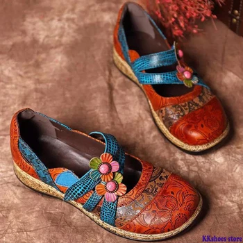 

Summer Women Ethnic Shoes Leather Wedges Round Toe Colorful Loafers Ladies Sandals Casual Embroidered Platform Zapatos De Mujer