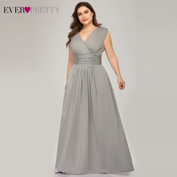 

Sexy Grey Evening Dresses Plus Size Ever Pretty A-Line Double V-Neck Ruched Sleeveless Stretchy Evening Gowns Vestidos Largos
