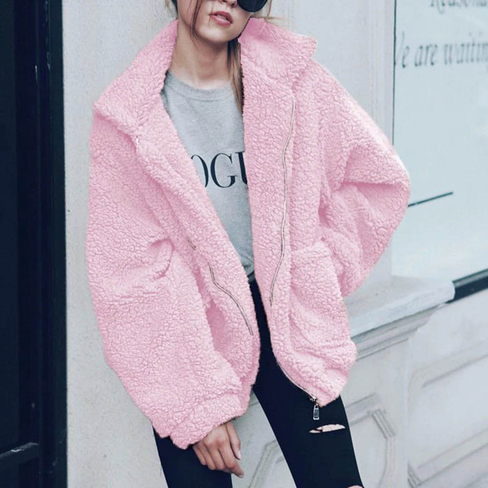 Pink Зимние женские куртки, пальто, теплый джемпер, кардиганы для женщин, флисовое пальто из искусственного меха, верхняя одежда, одноцветные пальто на молнии, большие размеры 3XL Oc12 - Цвет: Pink