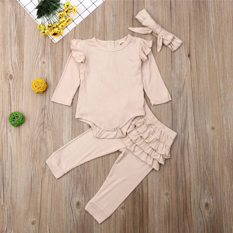 

2019 Autumn Newborn Baby Girl Clothes Knitted Romper Ruffle Leggings Pants Outfits Headband Baby Long Sleeve Warm Clothing