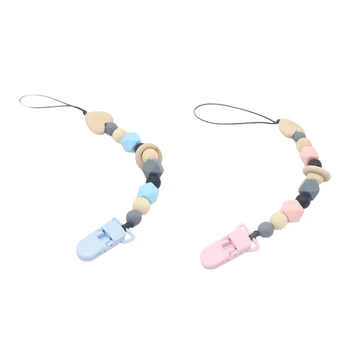 

2Pcs Baby Pacifier Clip Chain Silicone and Wood Pacifier Clip Wooden Bead Dummy Clip Holder Cute Pacifier Clips Soother Chains B