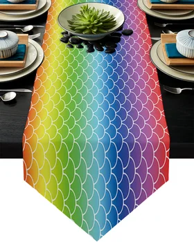 

Color Fich Scales Rainbow Gradient Table Runner Home Kitchen Decorative Table Runner for Wedding Party Cake Floral Tablecloth