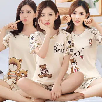 

Korean-style Pajamas Women's Summer Cartoon Short Sleeve Casual Crew Neck Pajamas Homewear Set