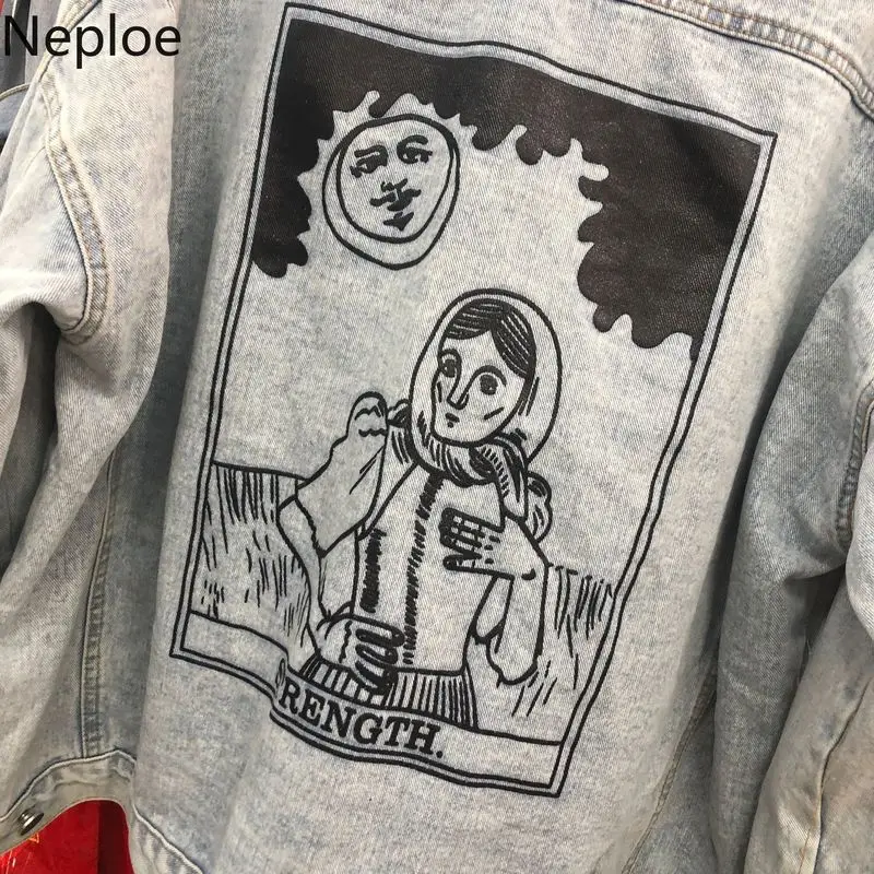 Neploe BF осенняя одежда Harajuku абстрактные джинсовые куртки Свободная Повседневная джинсовая куртка Женское пальто; женская верхняя одежда Уличная