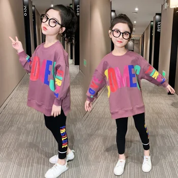 

Summer Children Clothes For Girls 5 7 9 11 13 Years Two-piece Loose Sweatshirts Letters Top pants Elasticity Leggings Sportswear