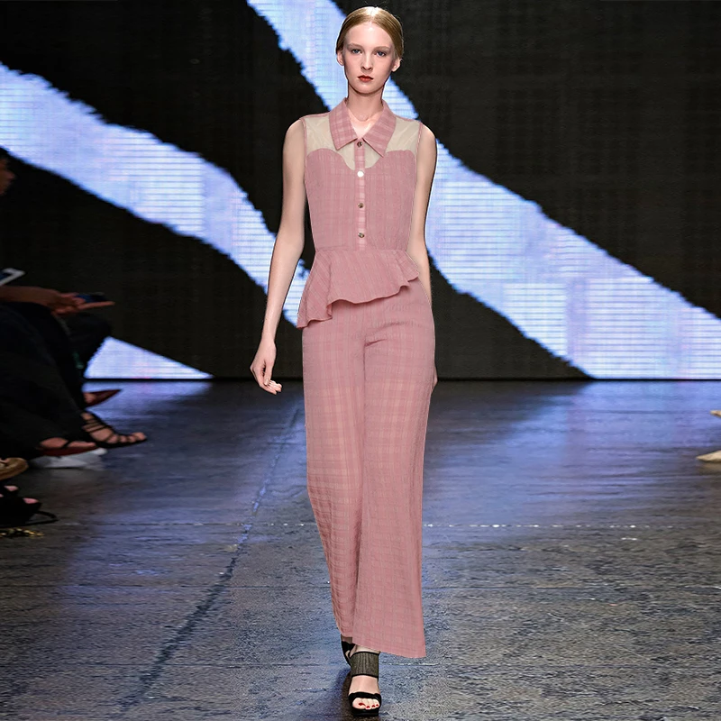 

Gedivoen Fashion Designer Summer Suit Women Sleeveless Mesh Coat And Patchwork Ruffles Long Pants Set High Street Two Pieces Set