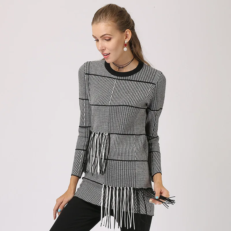 Autumn Winter Fashion Sweater Woman Striped Round Neck Tassels Knitting Pullovers Full Sleeve Ladies Slim Jumpers Sweter Damski
