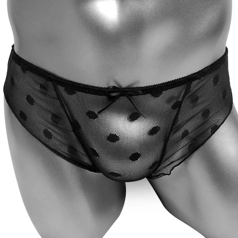 Mens Lace Panties With Bow Beautiful Low Waist Glamour Sissy Polka Dot Mesh Briefs Lolita Sweet Sexy Lace Bow Male Underwear