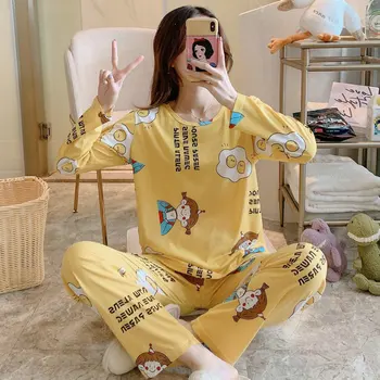 

Print Pajamas Women 2 Pieces Sets Soft Cotton Top Elastic Waist Long Pants Nightwear Pijama mujer 100kg Plus Size 4XL 5XL