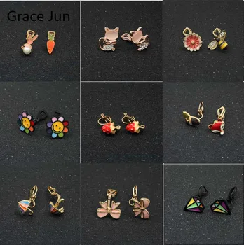 

GRACE JUN High Quality Cartoon Enamel Rhinestone Clip on Earrings for Women Party Prom Charm Ear Clip Factory Wholesale Price