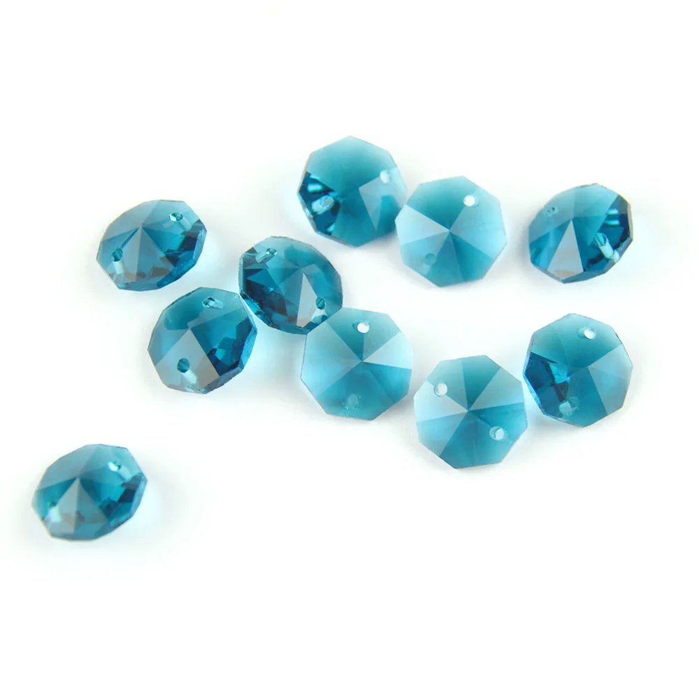 Zircon Blue 14mm Octagon Beads With 1 Hole/2 Holes Crystal Lighting Lamp Parts Beads Strand Component For Home Wedding & DIY