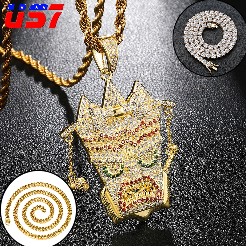 US7 Cubic Zircon UKA Mask Pendants Necklaces Copper Shiny Iced Out Rapper Necklace Hip Hop Tennis Chain Street Jewelry | Украшения и