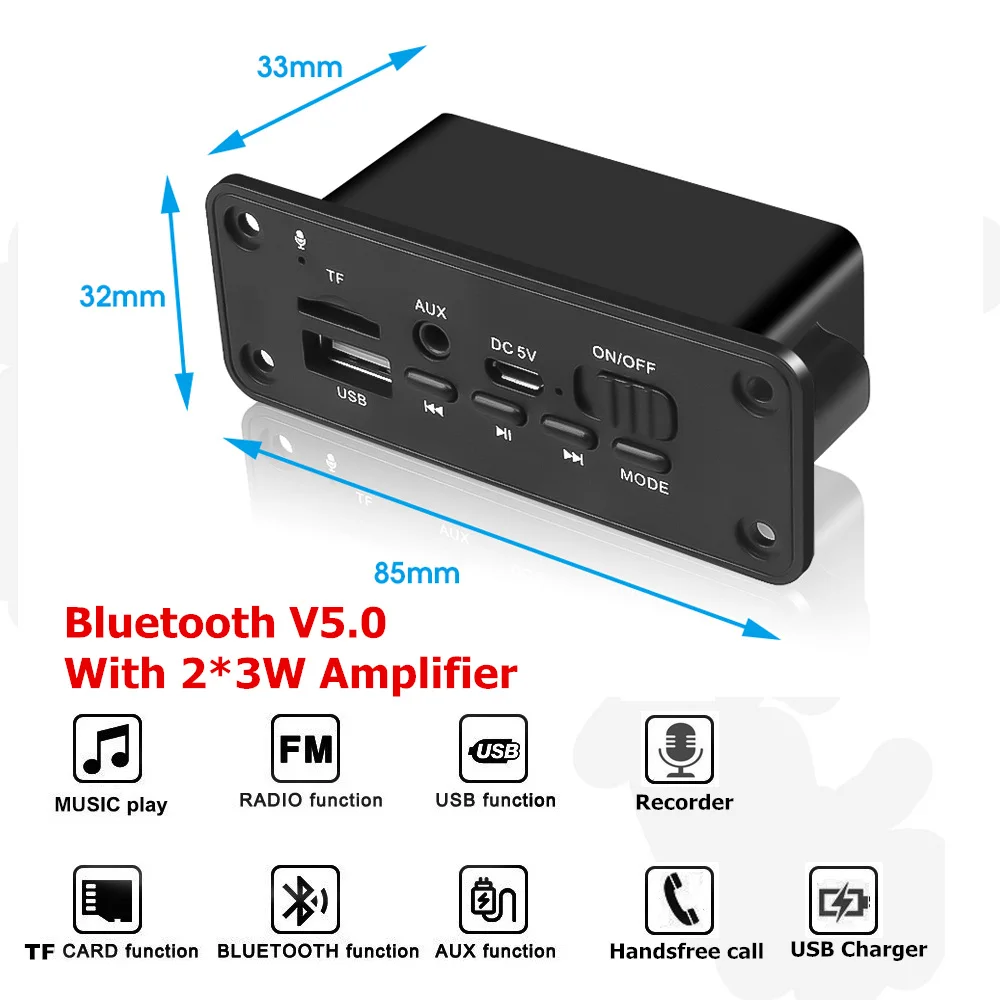 DC 5V MP3 WMA Decoder Board Bluetooth Audio Module USB TF Radio 2 x 3W For Car
