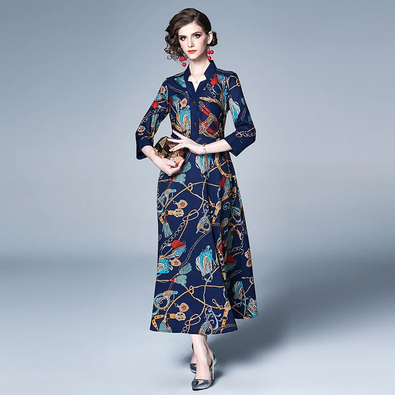 

3237 # Ozhouzhan Spring And Summer New Style V-neck Elegant Single Row Button Joint Retro Floral Printed Dress