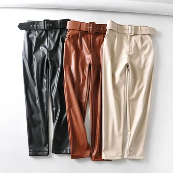 

Autumn Spring Women Black Faux Leather Suit Casual Pants High Waist Pants Sashes Pockets Office Ladies Pu Leather Trousers