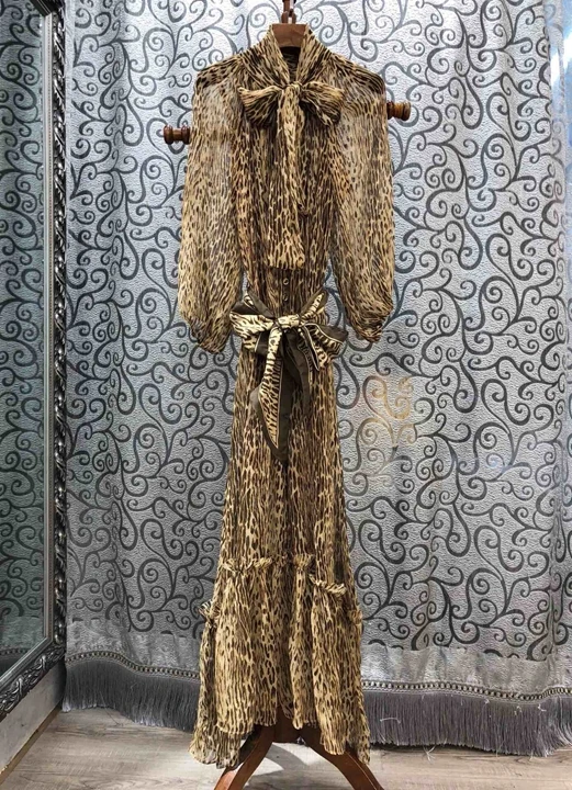 Ранняя осень Новая женская декольте галстук шеи Леопардовый принт талия длинный рукав платье 821