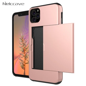 

500Pcs Armor Slide Card Case For iPhone 11 Pro XS Max X XR 8 7 6 6S Plus SE 2020 Armor Wallet Card Slots Holder Shockproof Cover