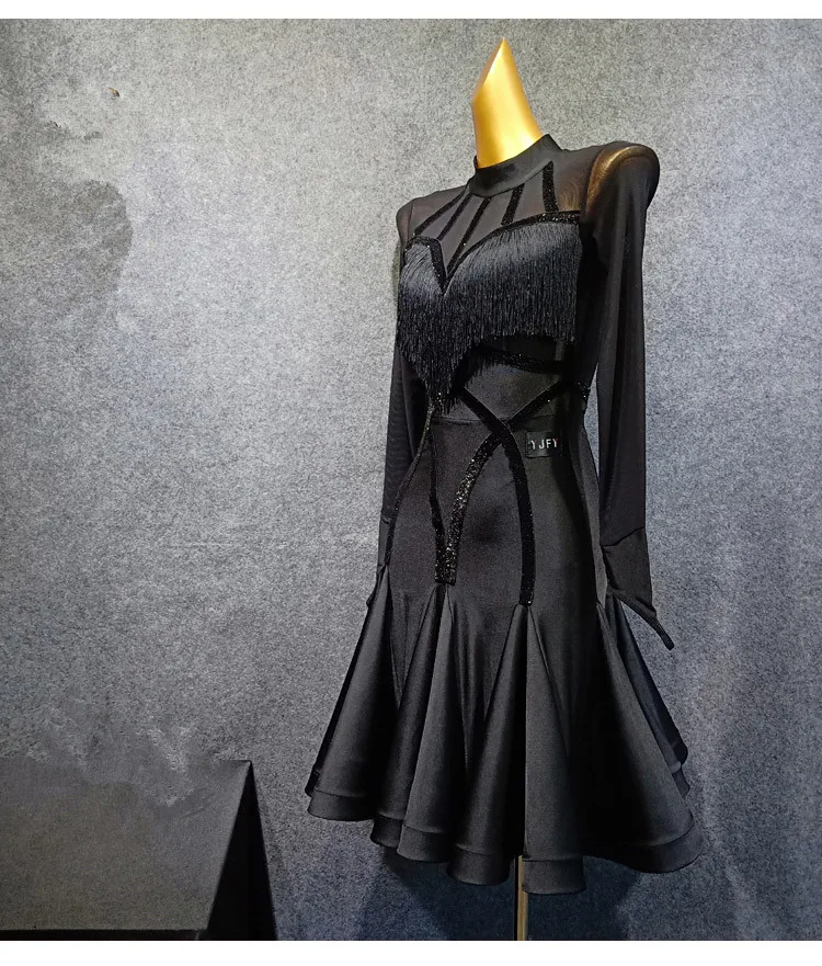 Женское платье для латинских танцев, Vestido Flecos, с кисточками, Фламенго, Румба/Танго/Сальса, конкурентное черное, красное, латинское платье, новинка