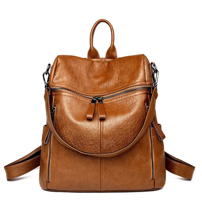 Роскошные кожаные рюкзаки, многофункциональные дорожные сумки для женщин, дизайнерские женские винтажные рюкзаки, школьные сумки для девочек, одноцветные рюкзаки - Цвет: Brown