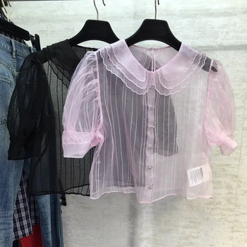 

4.28 2020 Summer New Women Silk Organza Temperament Shirt Peter Pan Collar Diamonds Button Decoration double layer Thin Blouse