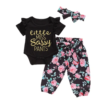 

2020 Daddy/Momy Letter Print Baby Girl Clothes 0-12M Newborn Infant Short Sleeve Romper Tops+Floral Pants Headband 3pcs