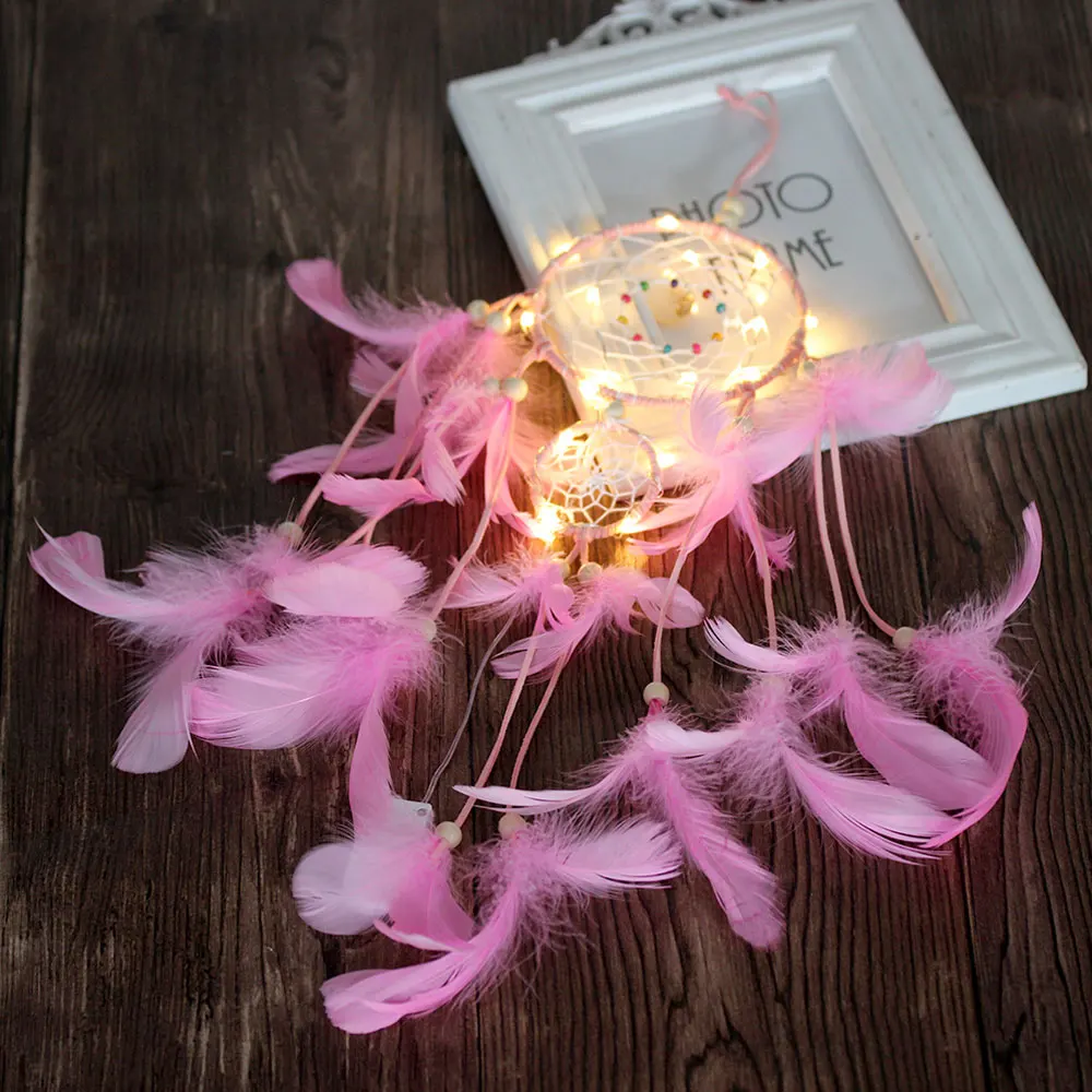 Creative LED Hanging Crafts Ornament Dromenvanger Dreamcatcher Home Wind Chimes Gift Decoration Wall Feathers Car