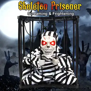 

1Pcs Halloween Ghost Hanging Decoration Haunted House Horror Decor Props Creepy Skeleton Jail Cage Glow Eye Ghost Sound Effect