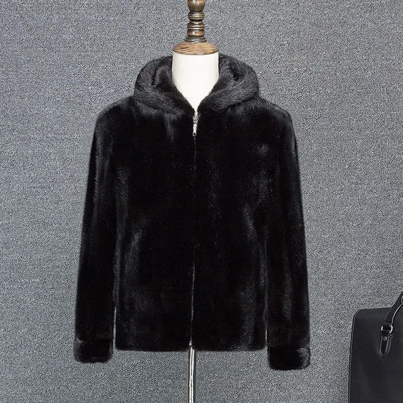 

100% Real mink coat men's black with hood 2019 new Haining mink fur suede men's fight jacket