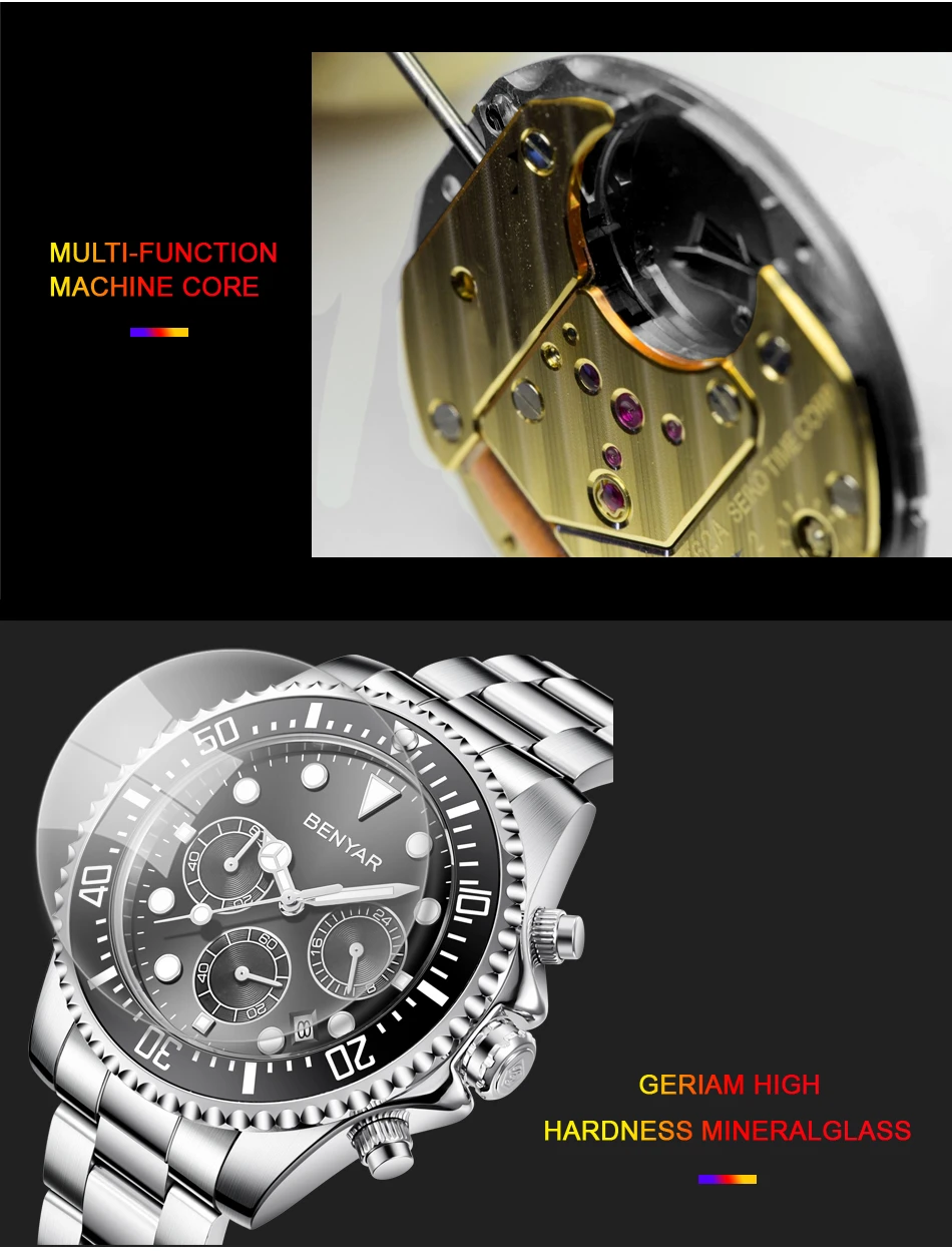 BENYAR мужские часы лучший бренд класса люкс Хронограф водонепроницаемые военные мужские часы полностью стальные спортивные наручные часы relogio masculino