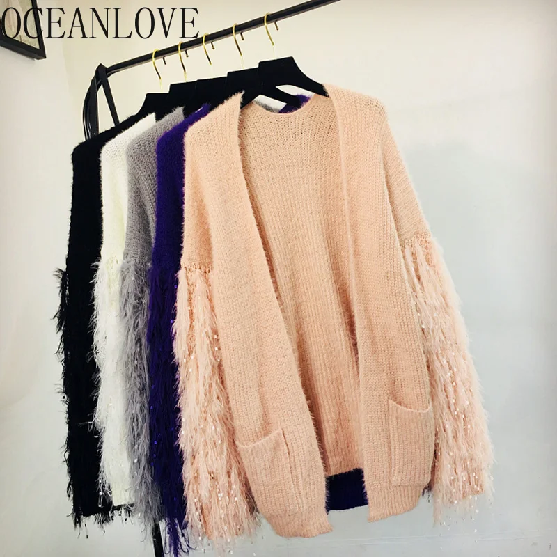 OCEANLOVE; с кисточкой; толстый длинный Caridgans однотонные теплые осень-зима модные Для женщин свитера с карманами с v-образным вырезом на осень и зиму Sueter Mujer 12888