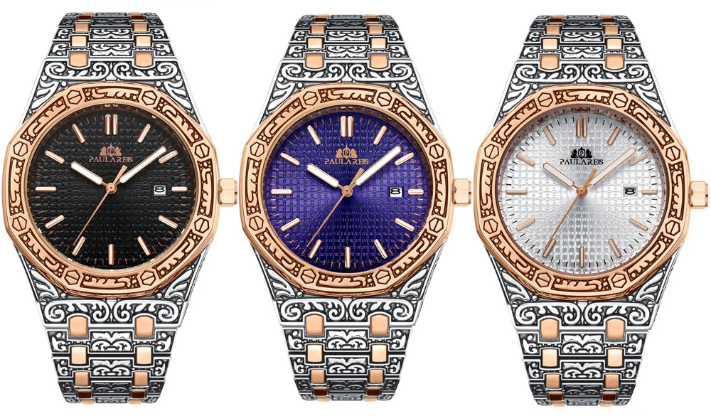 Lusso antico intagliato vintage luminoso oro rosa oro giallo argento 2 toni blu quarzo classico da uomo_voghion.com