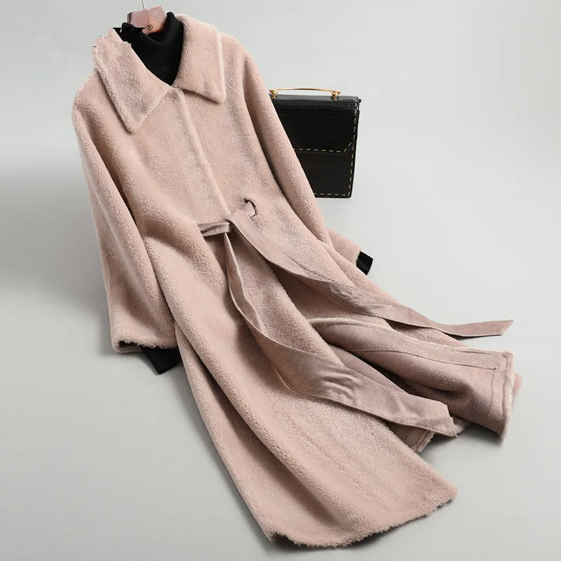 Yan Mai Se AYUNSUE Real Fur Coat Female Sheep Shearling Winter Jacket Women Wool Coat Women Korean Long Jackets Manteau Femme KL-1912 - Цвет: Yan Mai Se