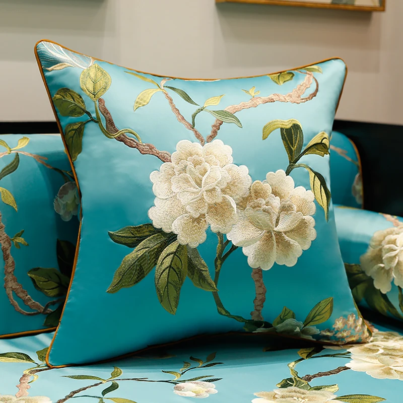 

Classical Peony Yellow Embroidered Cushion Covers Red Blue Flowers Waist Pillowcases High-grade Luxury Pillow Cases Covers