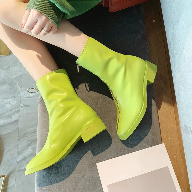 

2019 Front zipper female boots ladies Footwear autumn solid color green black women shoes fashion round toe woman short boot