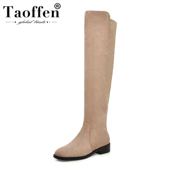 

Taoffen 4 Color 2020 New Women Long Boots Lycra Patchwork Flats Shoes Winter Warm Fur Women Over The Knee Boots Size 33-46
