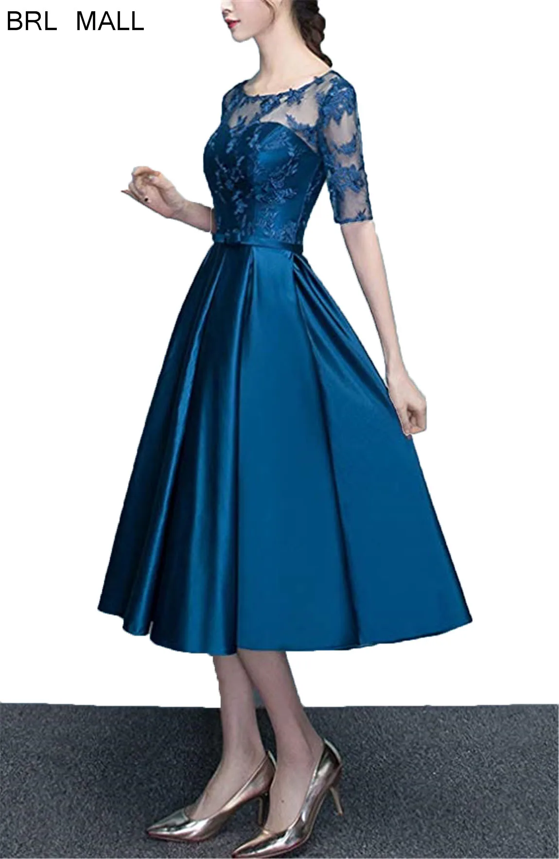 Navy blue Темно-синие V-образным вырезом Аппликации Короткие платья для выпускного вечера Чай Длина официальная Вечеринка бальное платье на молнии сзади небольшая Встреча выпускников/корпоративы Выпускной платье - Цвет: Navy blue