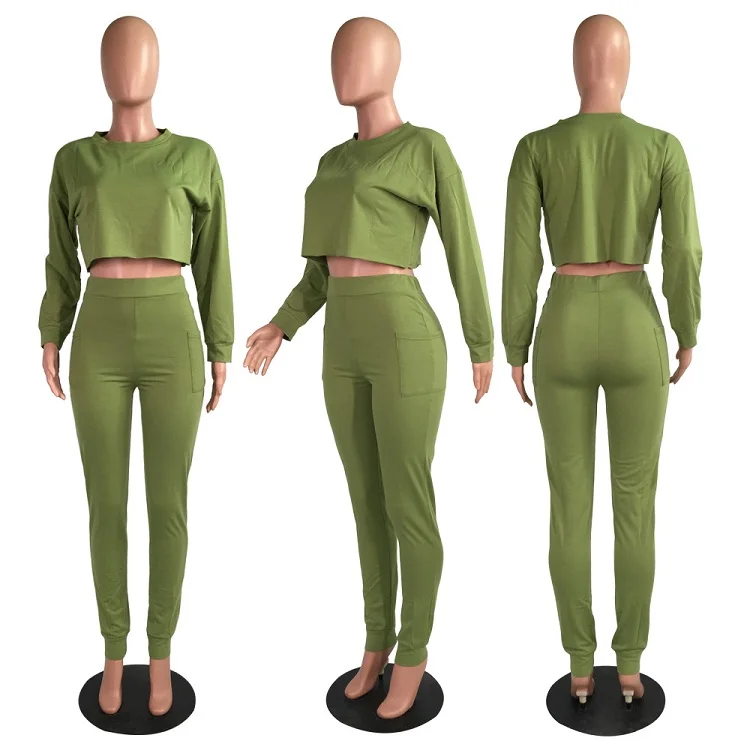 A080516 best price round neck solid candy color crop top pocket high waist ladies pants 2 piece sets