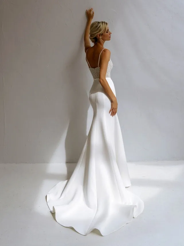 Wedding Dresses Shinning Beded Pearl Sheath Mermaid Spaghetti Straps Sweatheart Satin Bridal wedding dresses