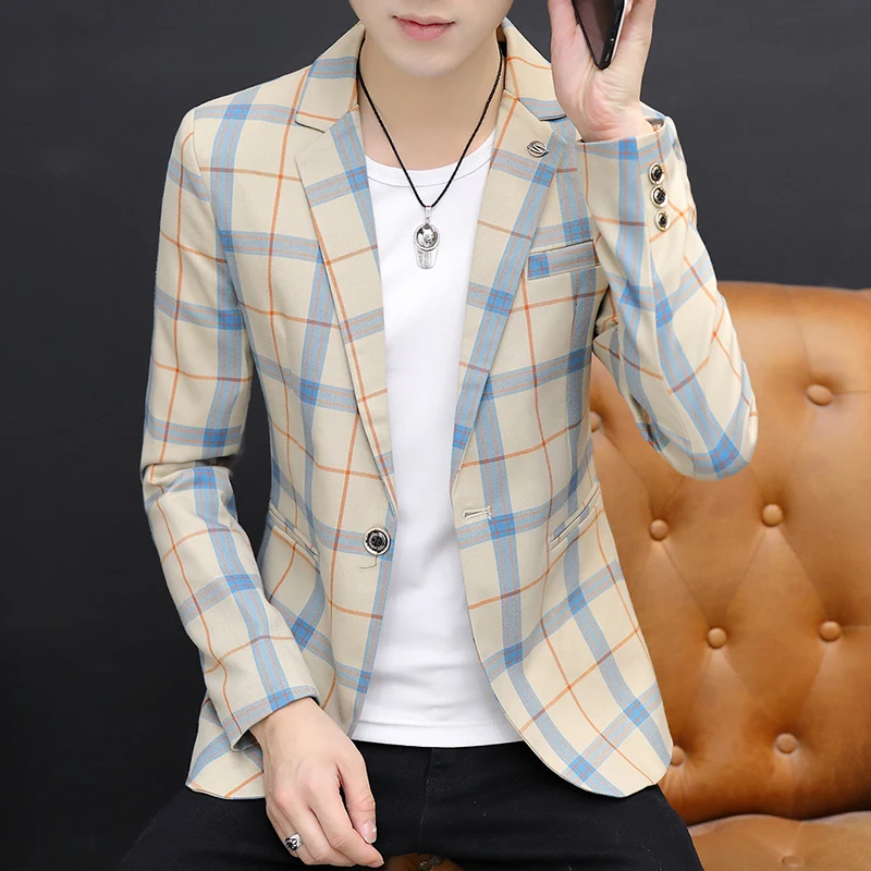 2019 Новый Осень клетчатый Блейзер костюм Для мужчин тонкий s прогулочные костюмы