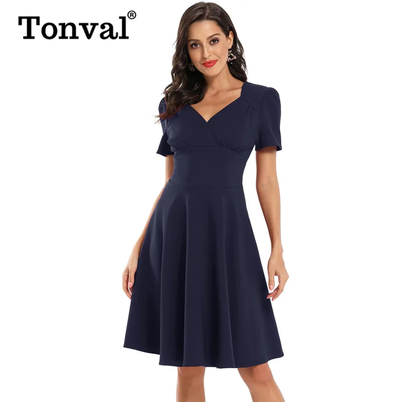 Tonval, однотонное платье с высокой талией, с рюшами, с v-образным вырезом, 1950 S, винтажное платье, свободное платье, весна-лето, женское ТРАПЕЦИЕВИДНОЕ ПЛАТЬЕ средней длины в стиле ретро