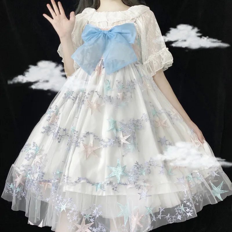 Lolita dress vintage falbala bowknot cute printing high waist princess victorian strap dress kawaii girl gothic lolita cos loli