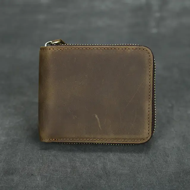 Short Organizer Wallet Man With Zipper Around Genuine Leather Male Coin Purse Crazy Horse Leather Card Holder For Boys Vintage Color 9