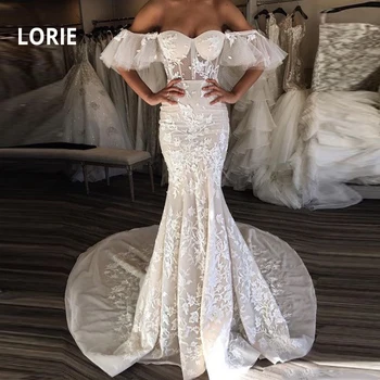 

LORIE Elegant Lace Wedding Dress Mermaid 2019 Off the Shoulder Bride Gown Open Back Long Train vestido de noiva Sleeveless