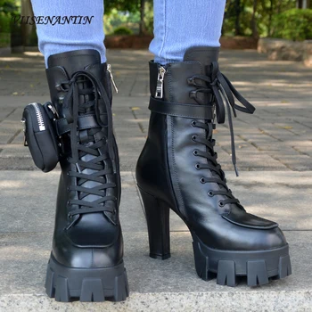 

Pocket Bag Decor High Heel Ankle Boots Sexy Heeled Platform Ziper Lace Up Designer Boot Top Fashion Runway Shoes Real Leather