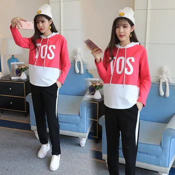 

Maternity Clothes Spring And Autumn Hooded Joint Casual Pregnant Women Set Long Sleeve + Maternity Pants Two-Piece Set
