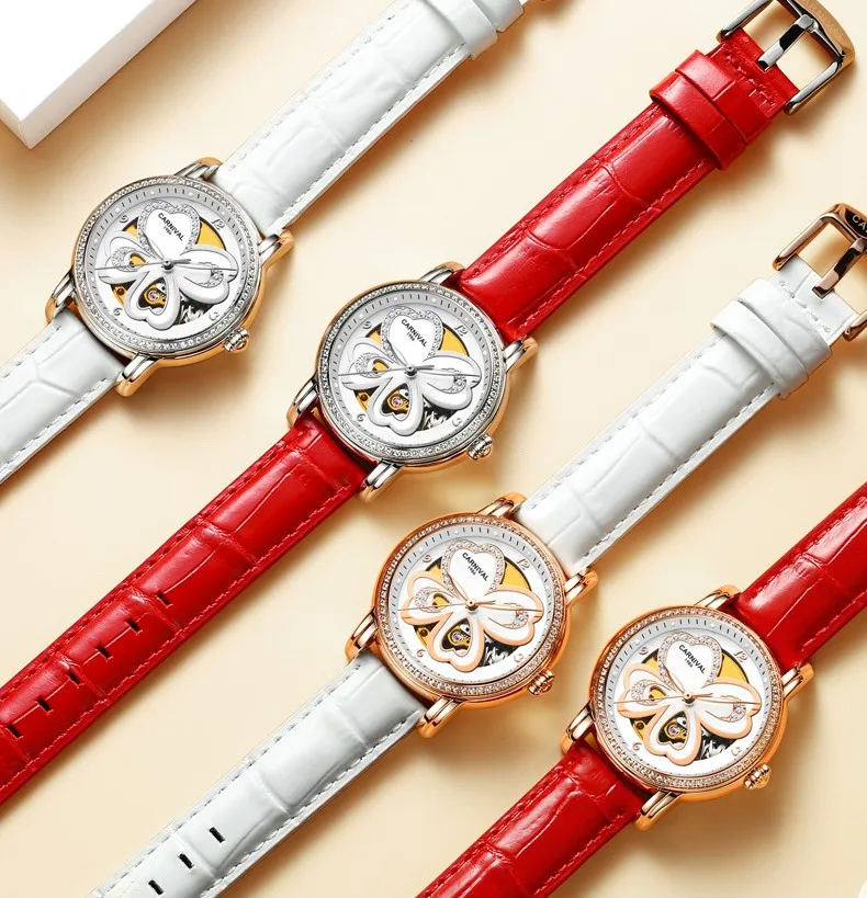 KARNEVAL режим Frauen Uhren Leder High end Tourbillon Mechanische Uhr Frauen светящийся сапфир вассердихт Montre femme
